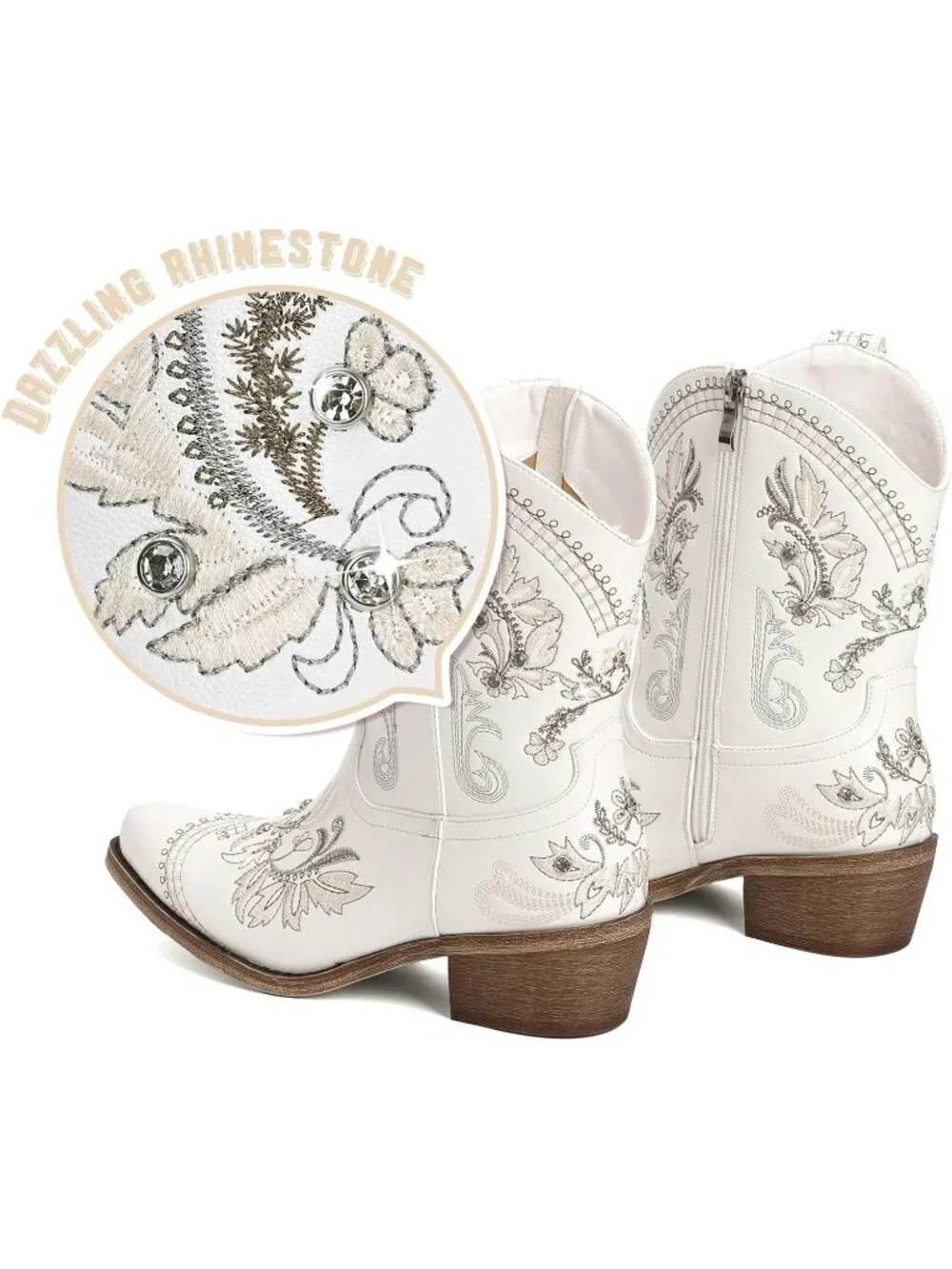 Women’s White Cowboy Boots Rhinestone Embroidered Ankle Booties Toe Chunky Heel